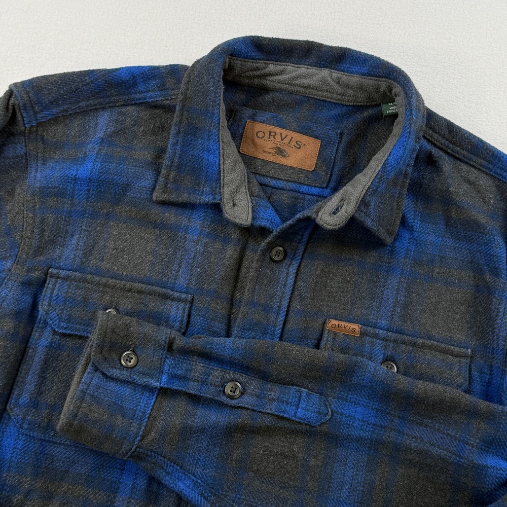 Orvis Flannel Button Down Shirt Shacket Mens XL Blue Plaid‎ Cabin Rustic Rugged